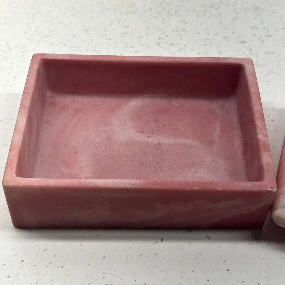 Vintage Pink Soapstone Trinket Box Rectangular Sailing Ship Relief‎
